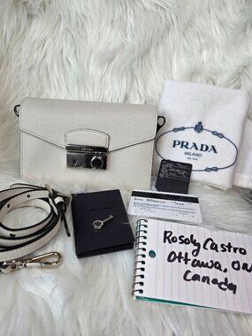 Authentic/Authenticated PRADA Saffiano Sound Lock Bag in Talc Color